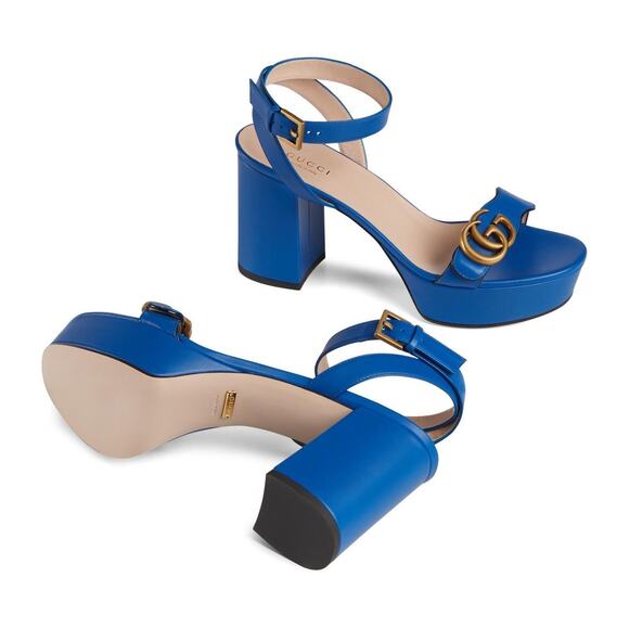 Gucci Marmont Blue Leather Gold G Logo Block Heel Ankle Strap Platform Sandal 36 - Picture 3 of 12